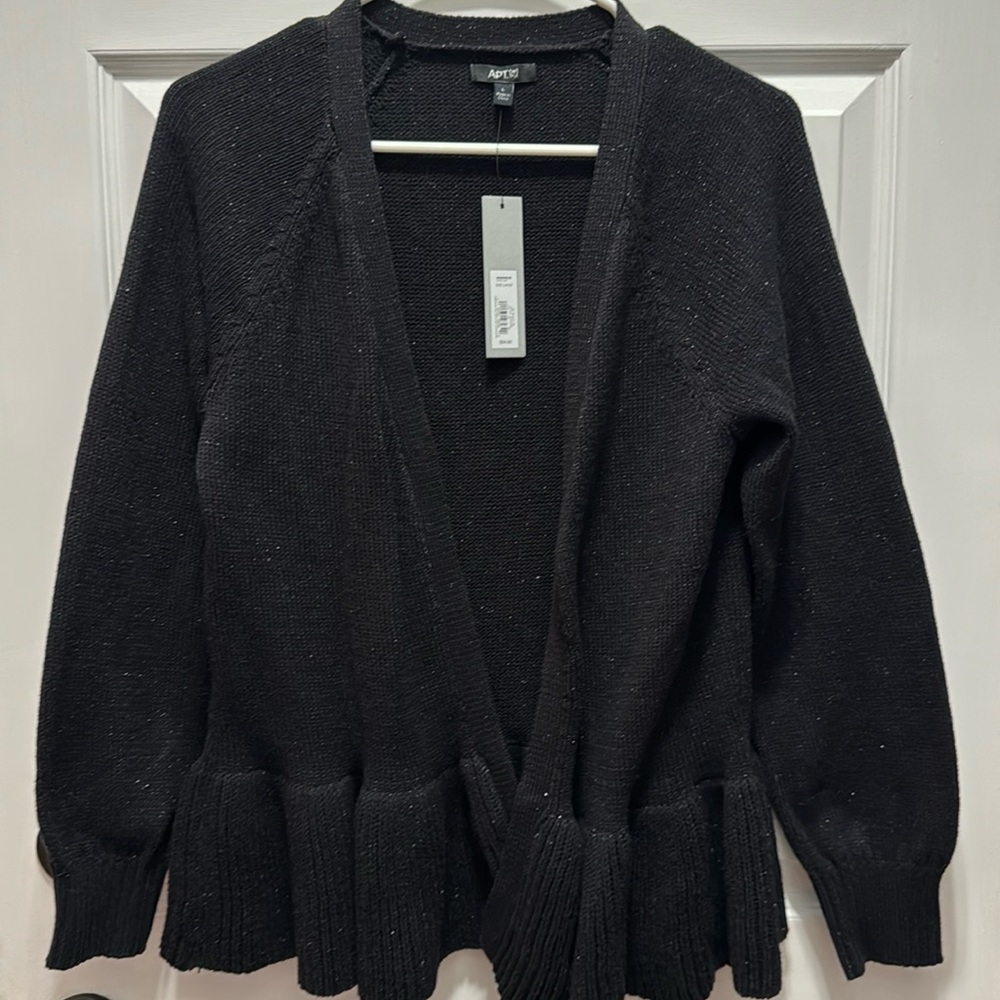 Cardigan sweater black w/silver thread thru out,no buttons,eyelet,ruffle hem NWT